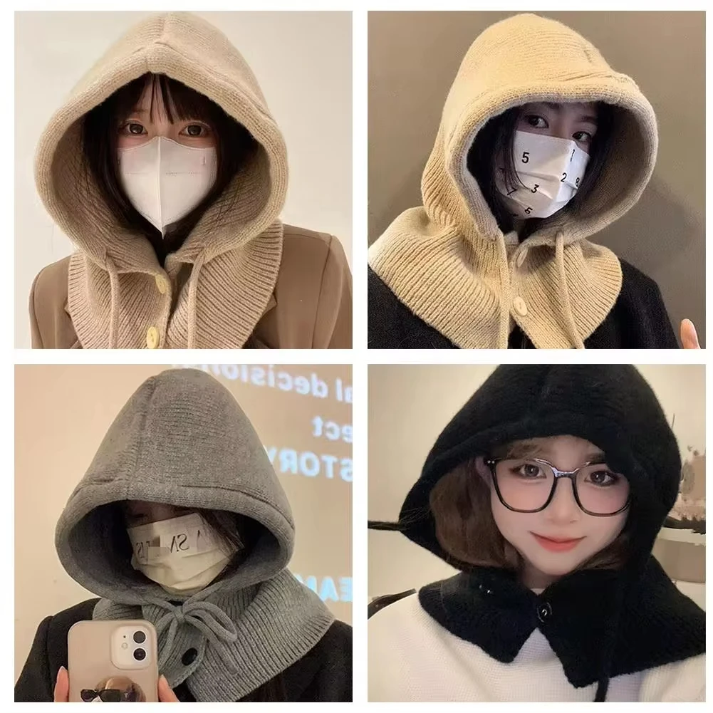 Spring Fall Female Integrated Hood Neck Warmer Drawstring Balaclava Hat Wind Resistant Outdoor Loungewear Headgear