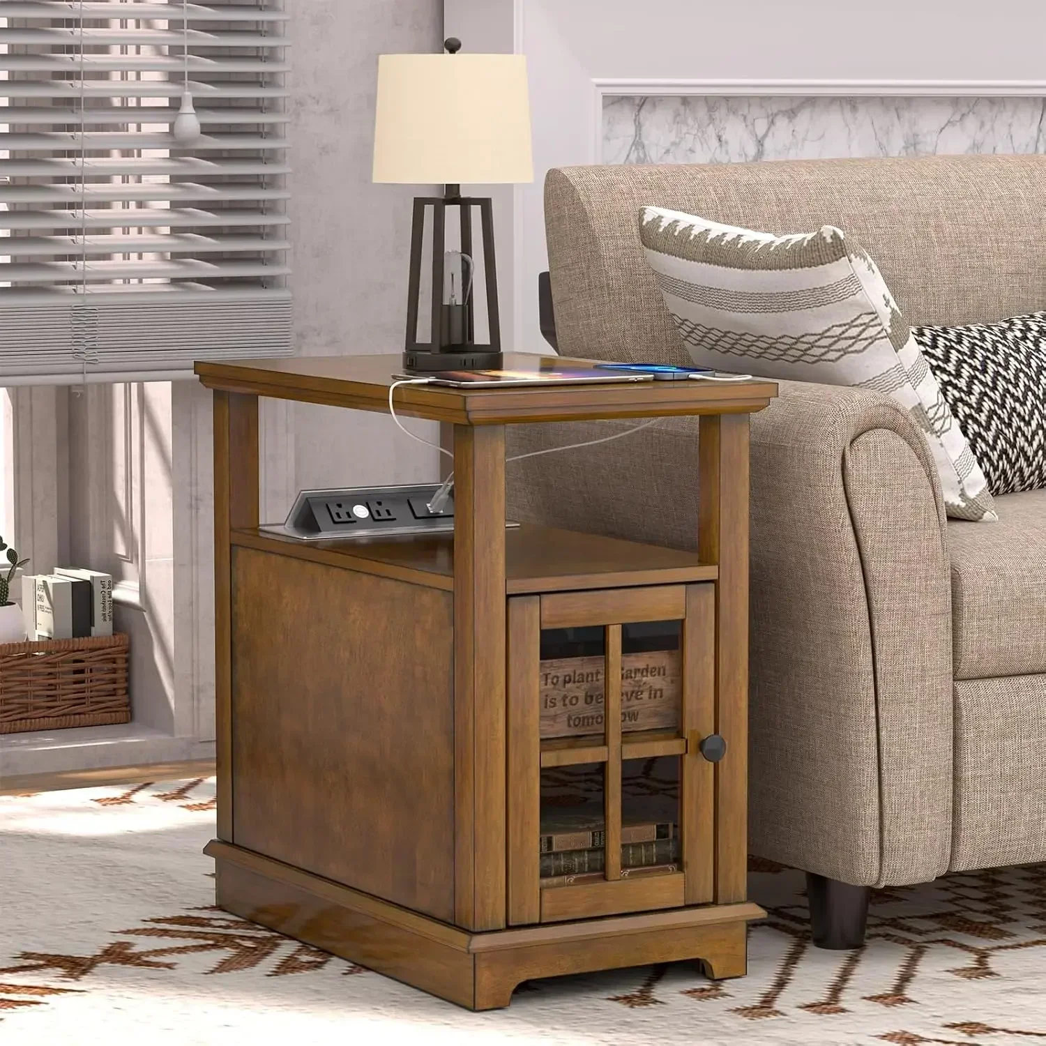 End Table with Flip Top Charging Station, Adjustable Shelf, Type-C & USB Port & Power outlets, Wooden Nightstand, Side Table