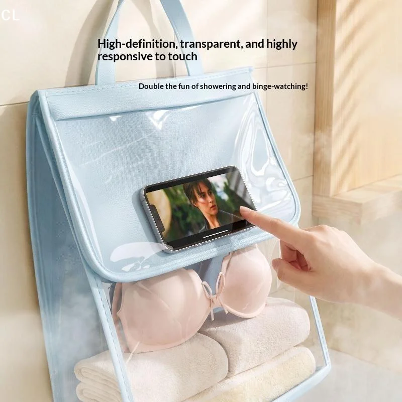 Waterproof Bathroom Hanging Storage Bag Large Capacity With Touch Screen Phone Pocket No Drilling Wall Mount Wet Dry Separation