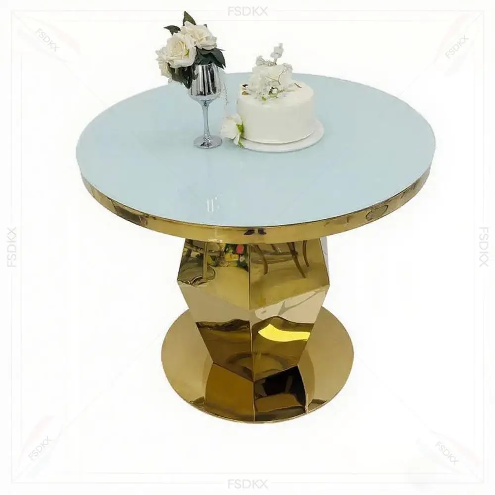 

FSDKX Selling New Model Gold Stainless Steel Wedding Round Mirror Glass Top Cake Table Stand