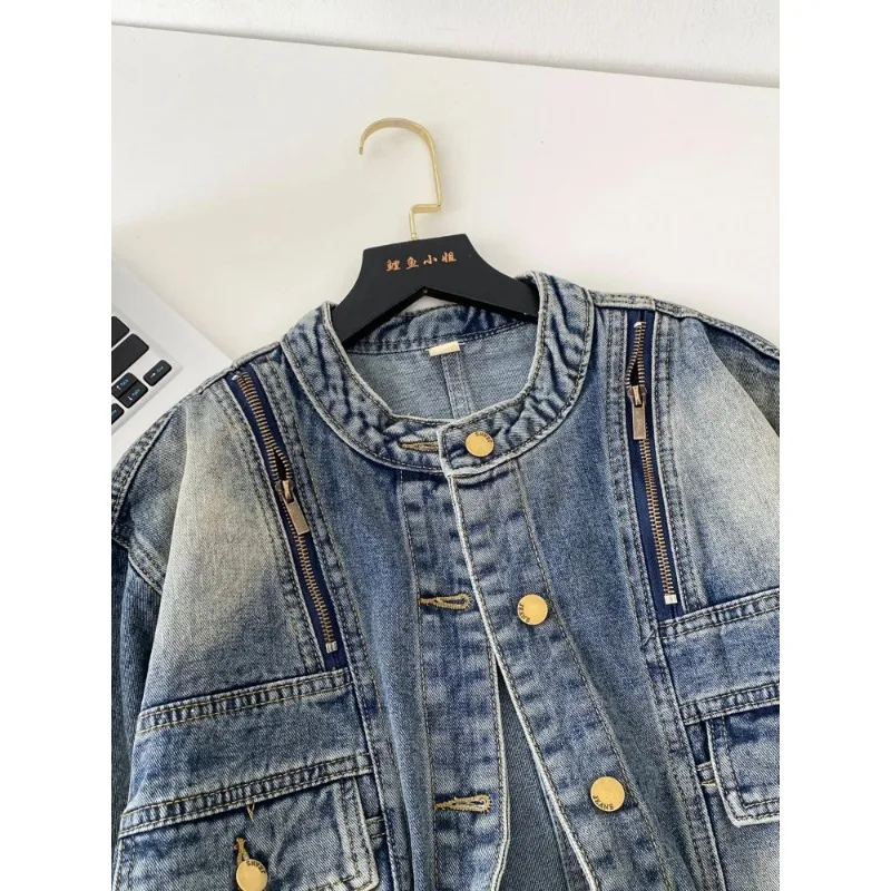 Casaco feminino denim casacos em torno do pescoço y2k streetwear jaquetas curtas trabalho casual solto elegante splice jaqueta 2025 outono inverno