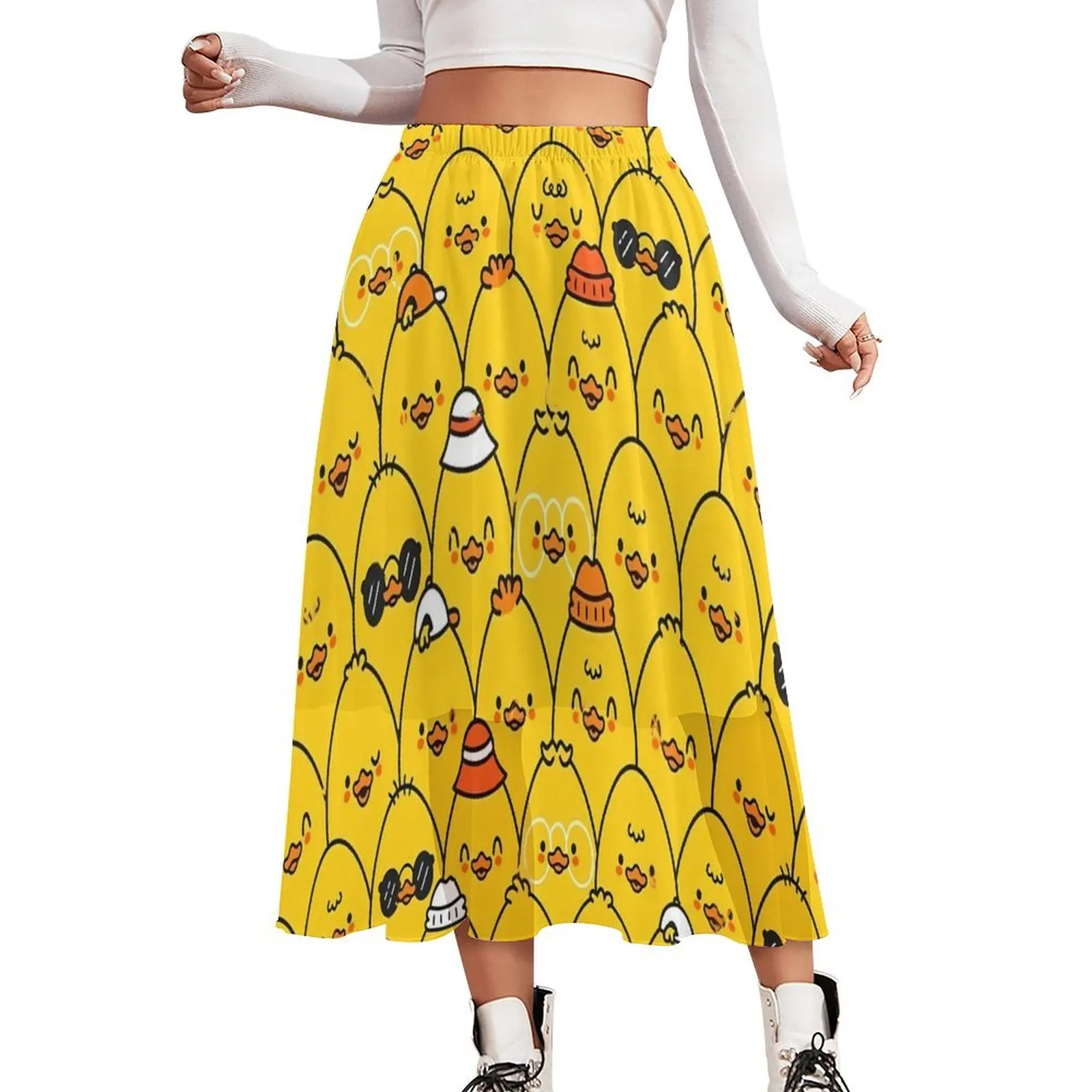 

Yellow Ducks Skirt Women Funny Ducklings Elegant Long Skirts Pattern Elastic Waist Streetwear A-line Skirt Big Size 2XL 3XL