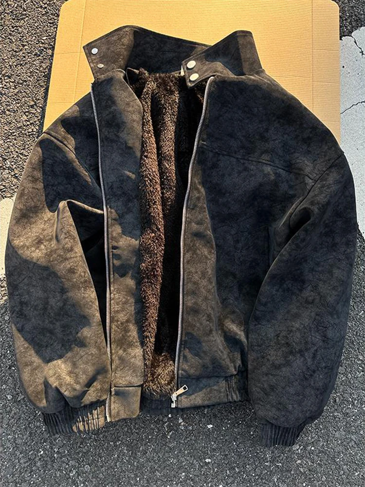 

Мужская зимняя куртка из американской искусственной кожи с эффектом окрашивания, утепленная, с высоким воротником, на молнии, теплая, молодежная, модная