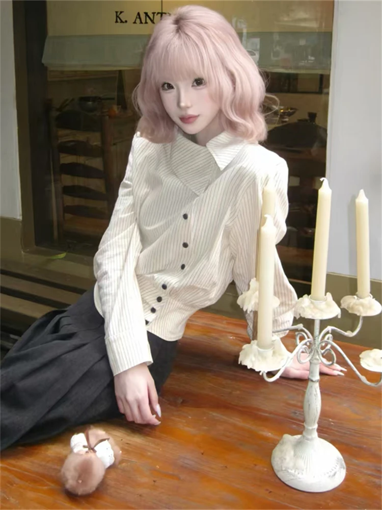 

Trendy Striped Shirt Irregular Design Korean Style Long Sleeve Women's Casual Top Fashionable Commute Wind Wear Resistant