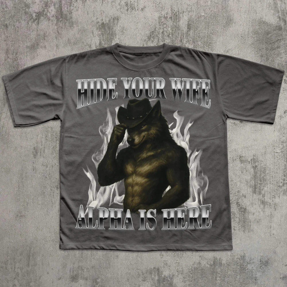 إخفاء زوجتك ألفا هنا قميص كرينج بالذئب ميمي التي شيرت السخرية تي شيرت الساخرة الجرافيك المحملة 90s Y2K قمصان الملابس