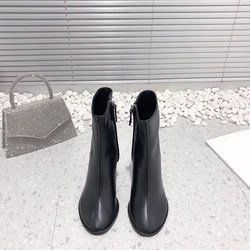 R0W Autumn and Winter New  Smooth surface  High Heel Short Boots for women  Leather Short Boots Versatile and Comfortable