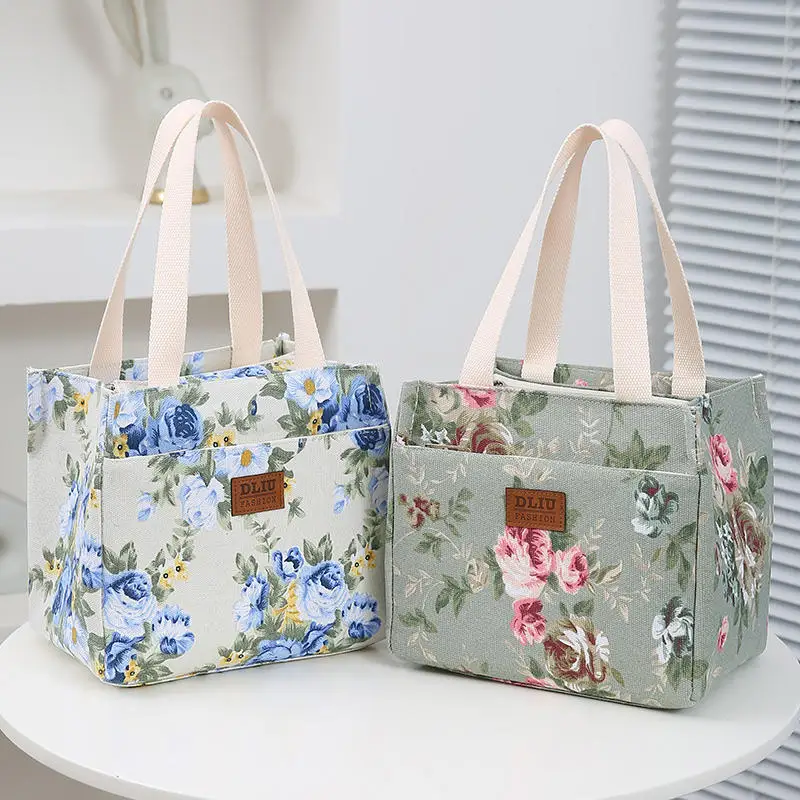 Portable Travel Floral Printed Bento Insulated Lunch Bag Women Reusable Tote Ice Cooling Bag for Picnic Women Men