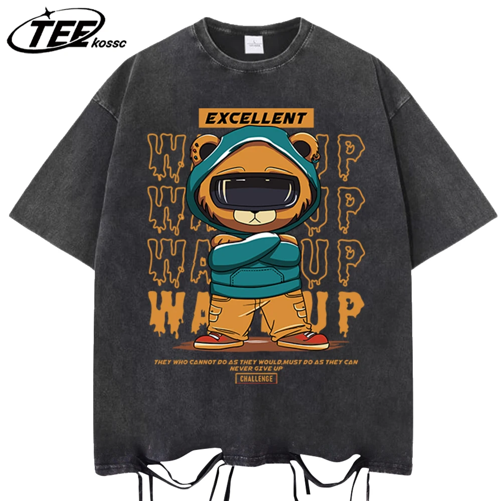 

Excellent Challenge Cool Bear Print Men Washed Holes T-Shirt Oversize Hip Hop T Shirts Summer Top Cotton Crewneck Clothing