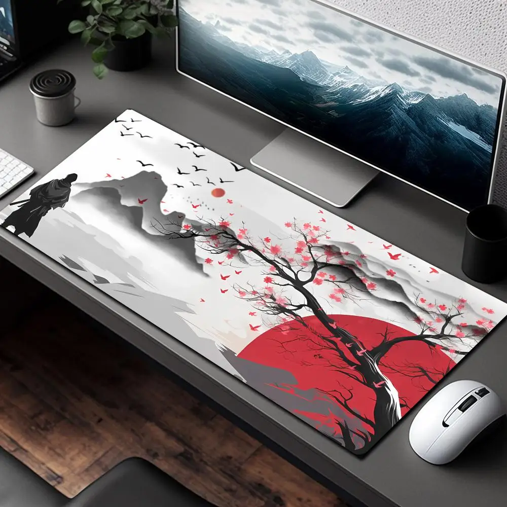

Яркий дизайн самурайской иллюстрации, коврик для мыши, настольный коврик, игровой коврик, нескользящие аксессуары для стола с прошитыми краями, компьютерные коврики для мыши