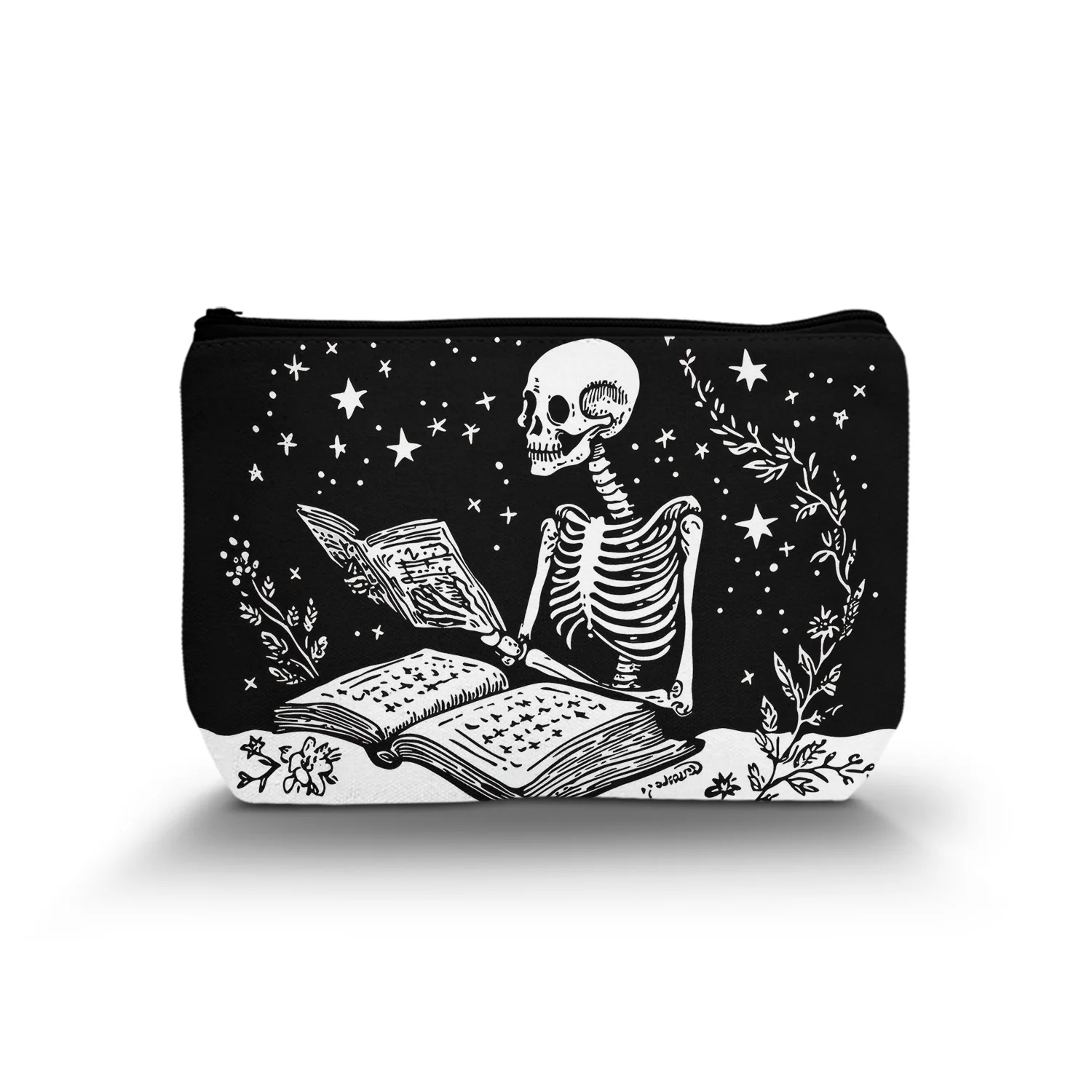 1Pc Funny Skeleton Man Reading A Book Cosmetic Bag Plant Leaves Abstract Art Style Multifunctional Cosmetic Bag