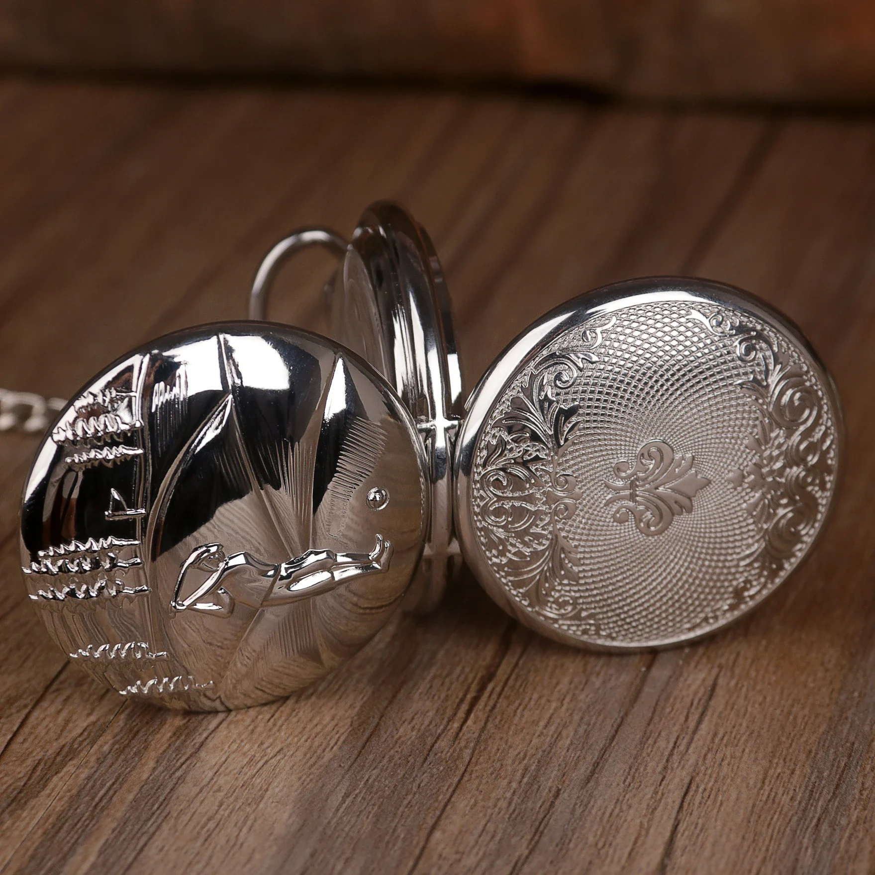 Double Open Case Mechanical Pocket Watch Silver Men Women Stylish Retro FOB Hand Wind Skeleton Dial Steampunk Necklace Pendan