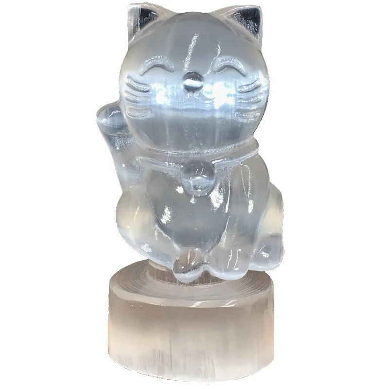 Natural Morocco Selenite Lucky Cat Carving, Hand Polished Crystal Cat Figurine, Charging Stone, Home Desktop Decor Gift
