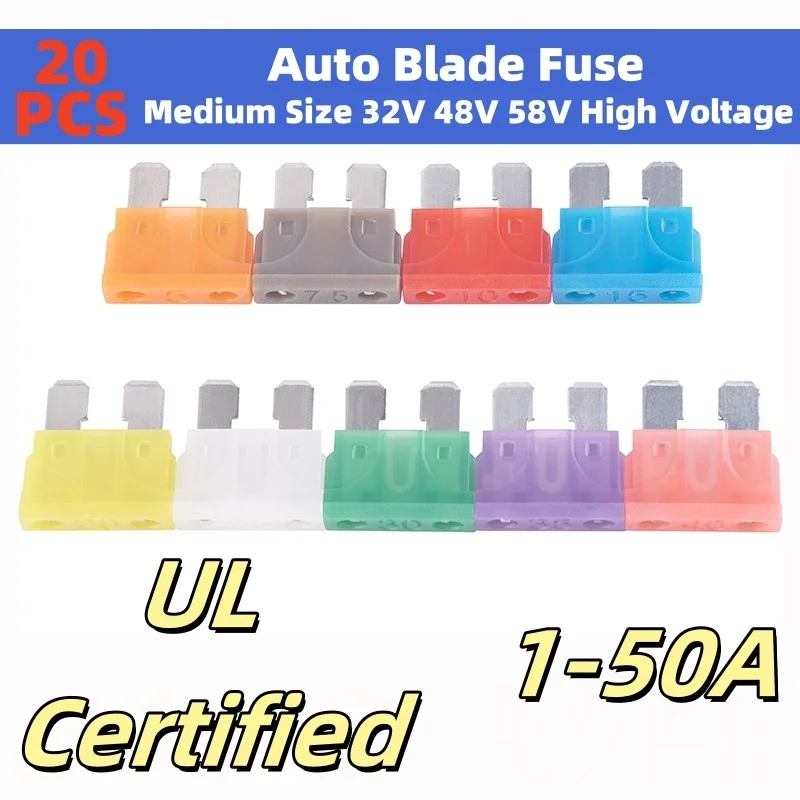 

50PCS UL Certified Blade Fuse Medium Size 32V 48V 58V High Voltage Flame Retardant
