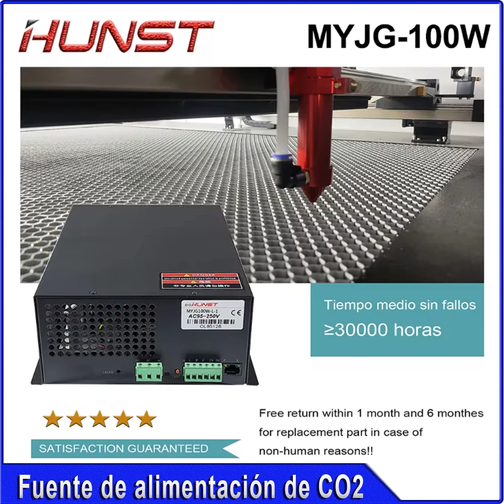 مصدر طاقة ليزر HUNST CO2 MYJG 100W يدعم الجهد 95 ~ 250 فولت ويستخدم لآلات النقش والقطع بالليزر 80-100 وات.
