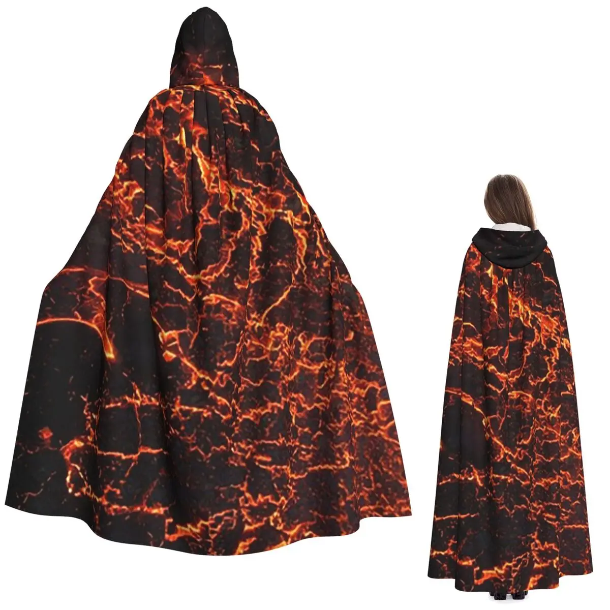 Cape longue à capuche en tissu effet lave volcanique, pour déguisement de sorcière, costume médiéval, cosplay, Halloween, vampire, adulte unisexe