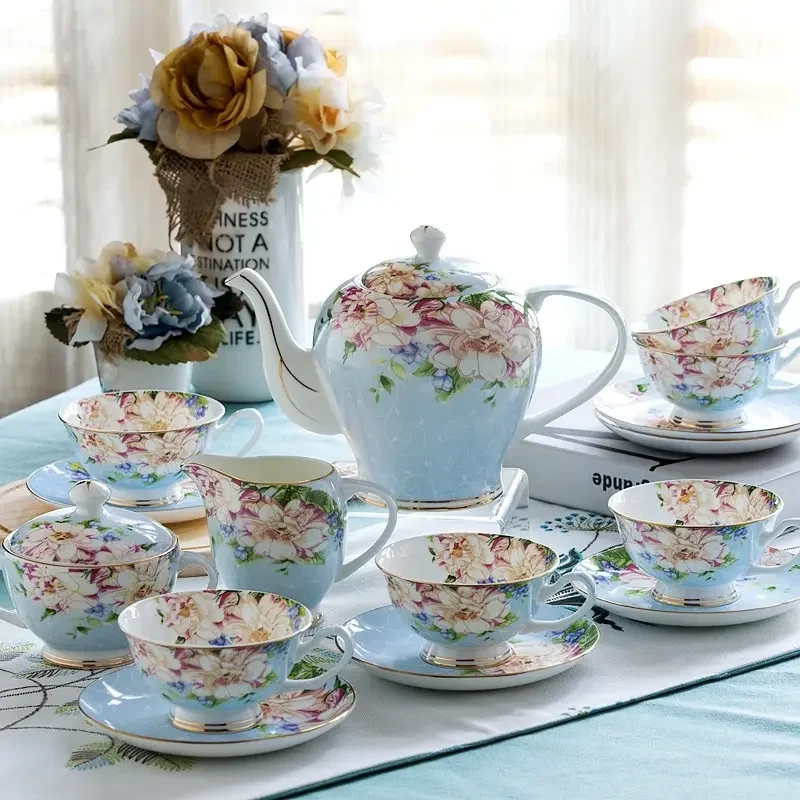 Pink Blue Flower Bone china Coffee Cup Set Porcelain Tea Cup Set Ceramic Pot Mug Sugar Bowl Creamer Teapot Milk Jug Teaset