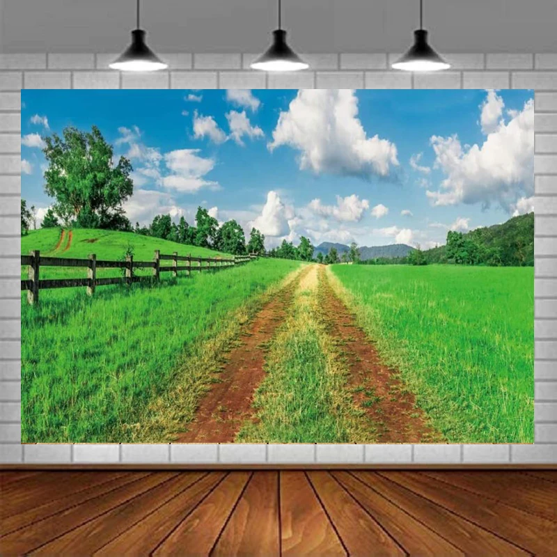 Natural Farm Scenery Photography Backdrop Meadow Grass Fence Tractor Path Crops Field Hills Blue Sky Spring Farm Land Background