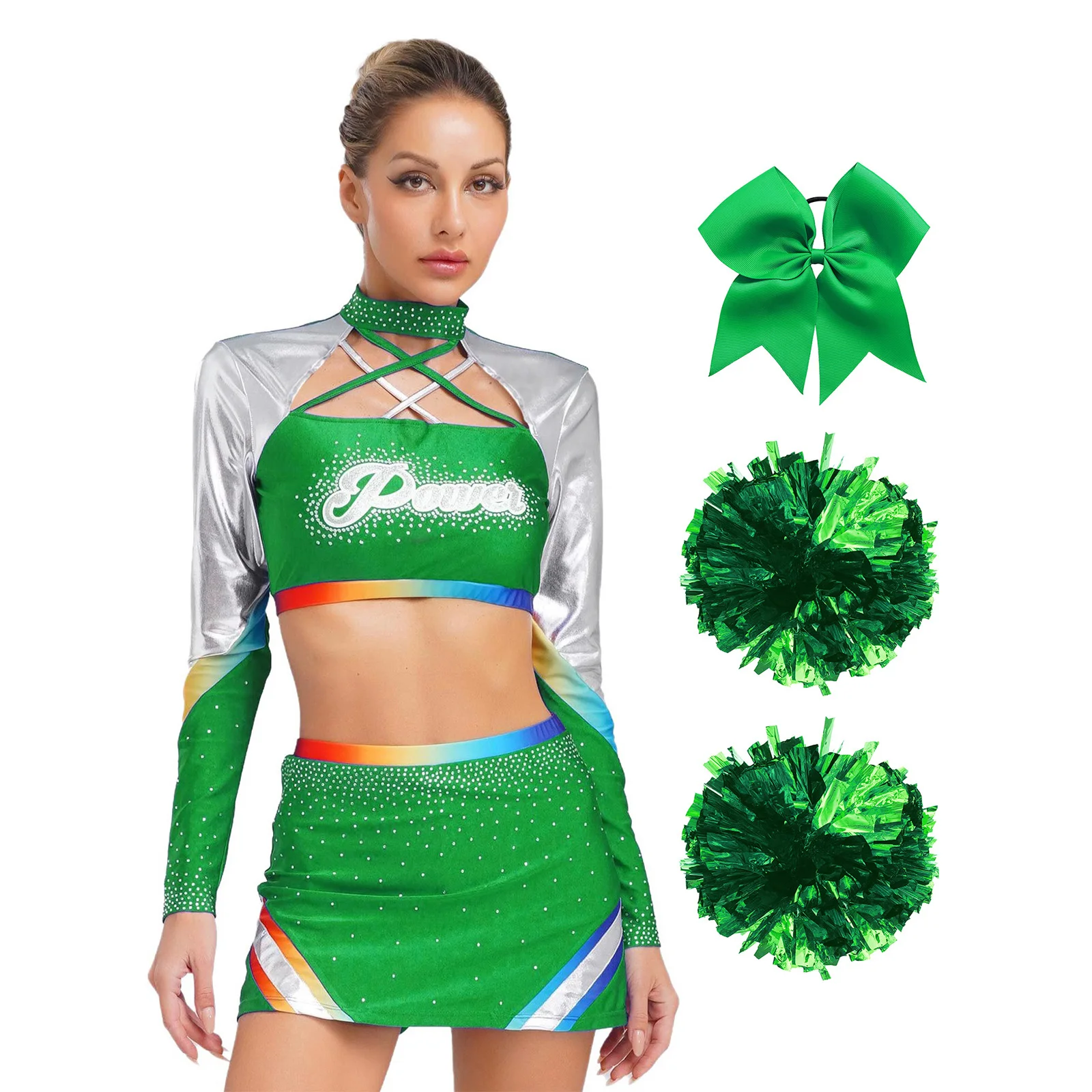 Women Cheerleading Dance Uniform Long Sleeves Crop Tops with Dance Skirt Cheerleading Hand Flowers And Bowknot Hair Ties Set