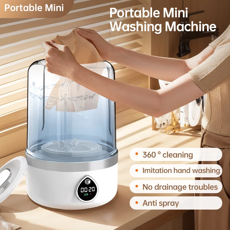 Mini Portable Travel Washing Machine Rechargeable Model, 1.5L Transparent Water Tank Capacity, Quiet Operation Simple Operation