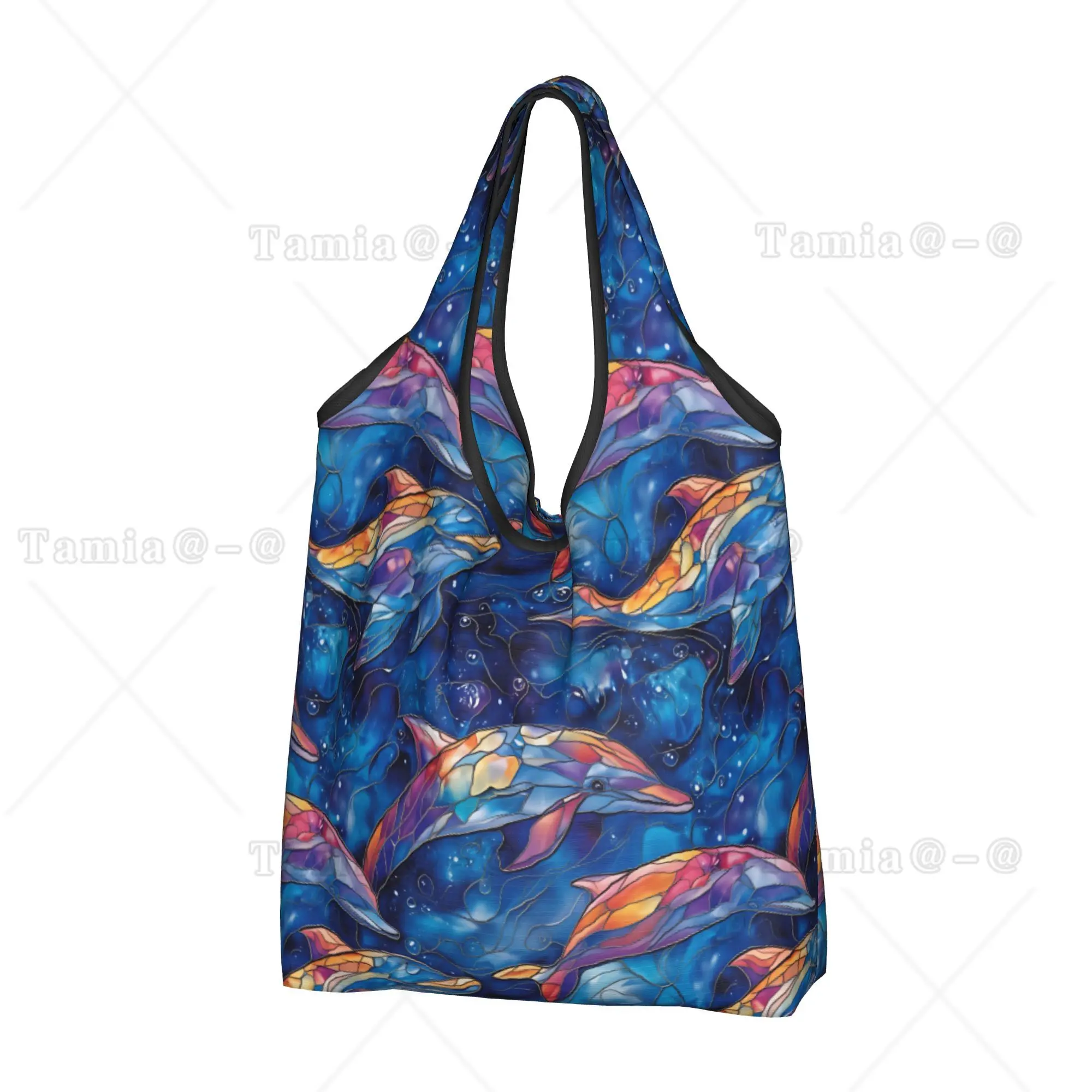 Kawaii Print Dolphins  Shopping Tote Bag Portable Shopper Shoulder Watercolor Stained Glass Mosaic Rainbow  Handbag