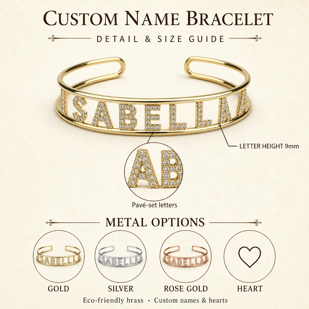 Personalized Cubic Zirconia Letter Name Bangle for Women Gold Silver Rose Gold Alphabet Cuff Bracelet Birthday Gift for Her