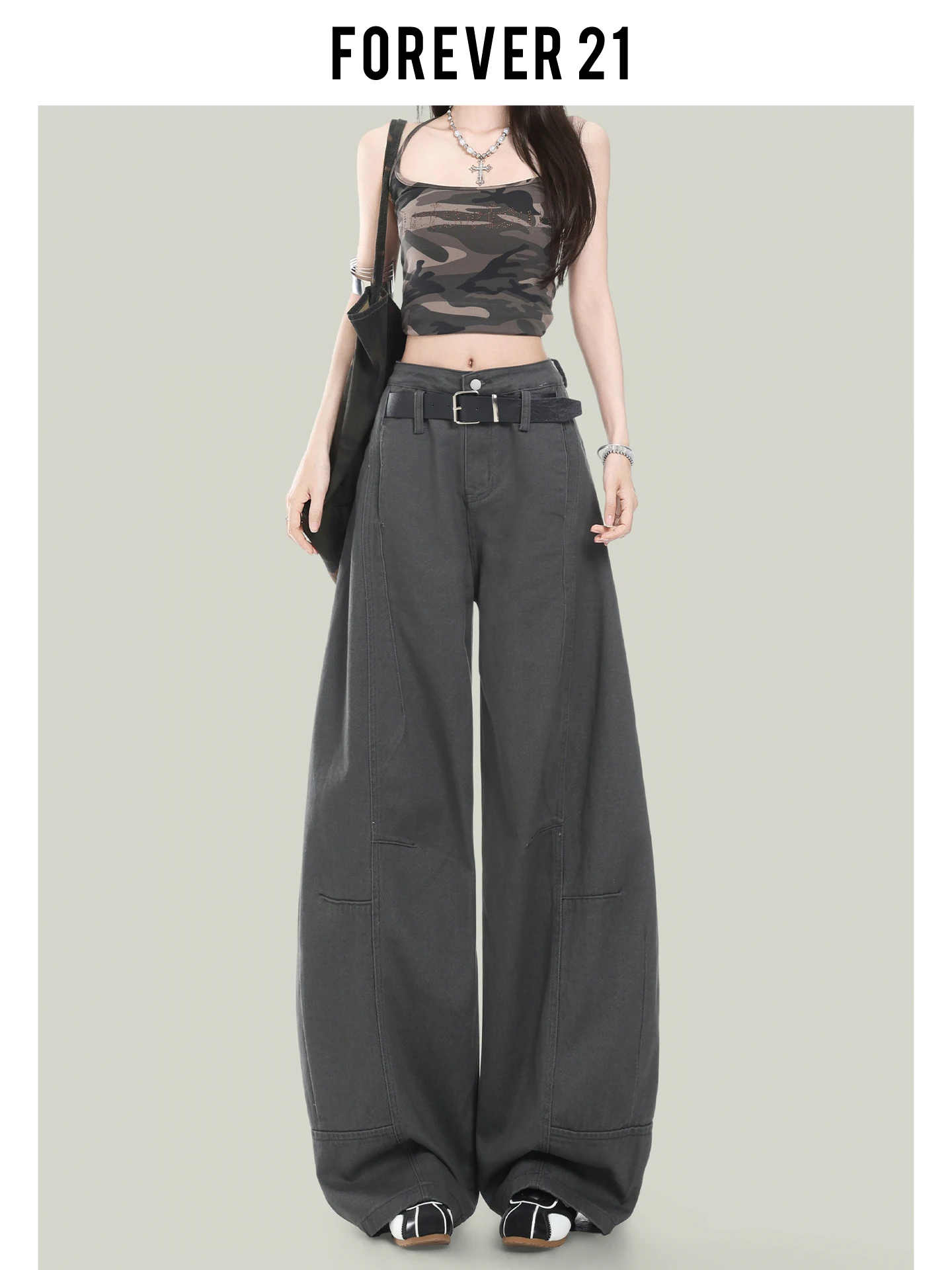 Jeans de mezclilla gris de cintura alta y pierna ancha para mujer, estilo holgado y adelgazante, pantalones de corte fluido estilo Forever 21, jeans vintage de moda urbana.