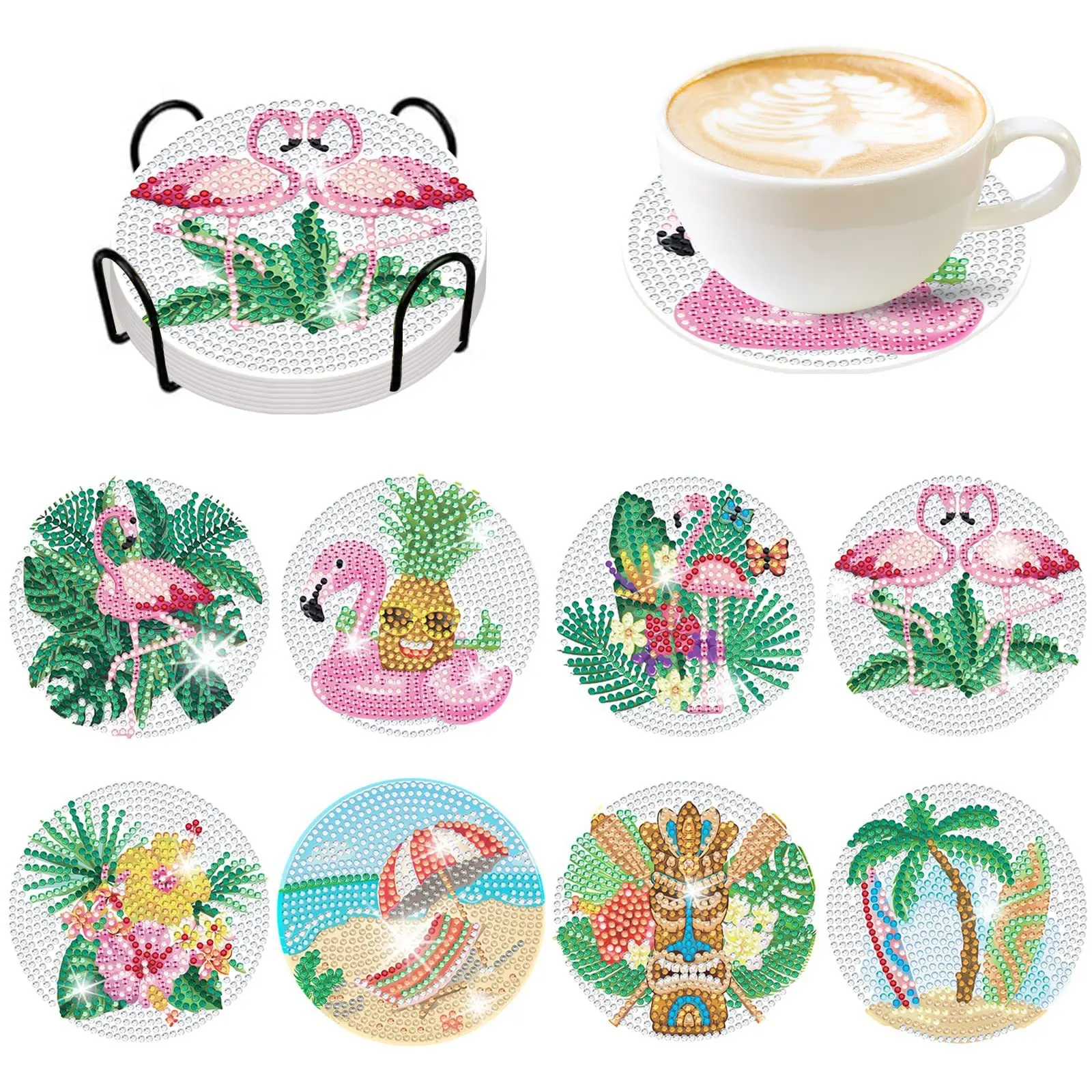 8 Pcs Diamond Painting Coasters With Holder Flamingo Diy Diamond Painting Kits For Adults Kids Beginner Art Craft Supplies