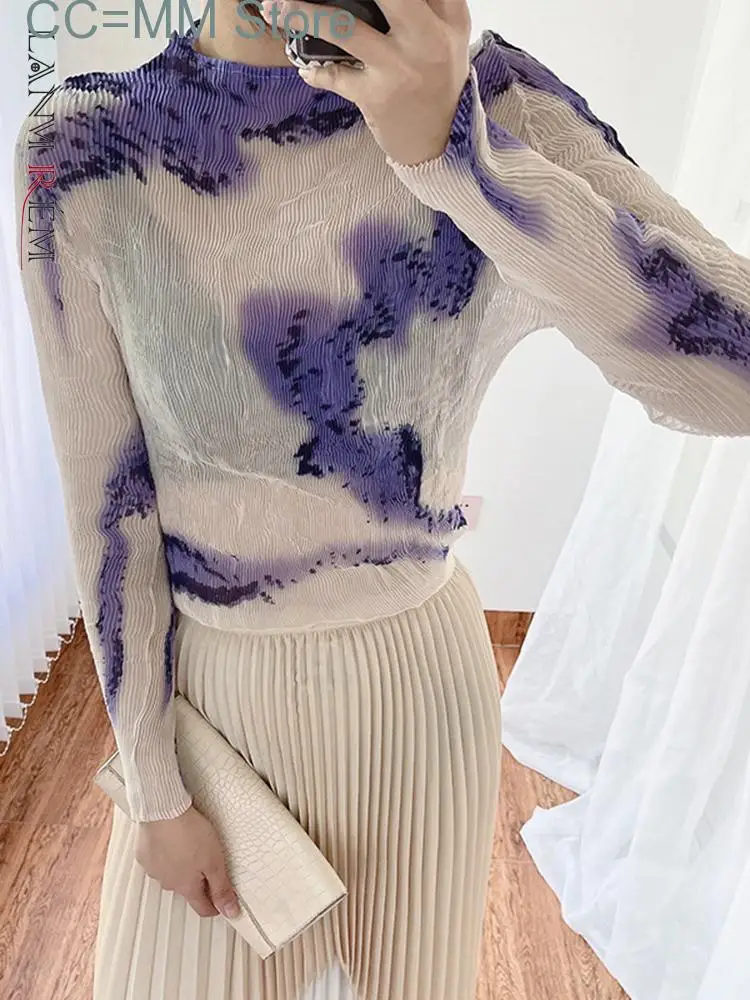 New Transparent Pleated T-shirt For Women Long Sleeves Printing Shirt Female Thin Stretch Fashion Top Summe