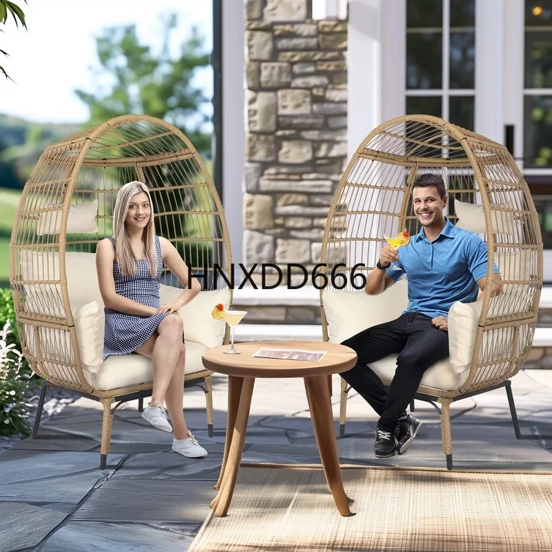 Oversized Indoor Outdoor Lounger with Stand and Cushions - Beige Rattan with Cream Cushion