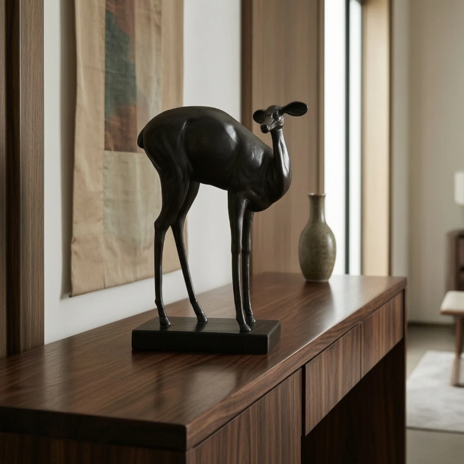 Deer Statue with Marble Base Modern Sculpture Ornament Minimalist Decor Polished for Home Decorators, Living Room, Console Table