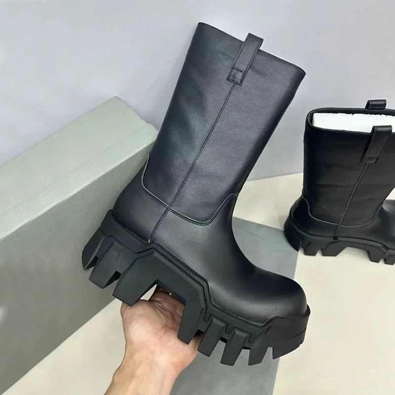 

Women's 2025 Autumn and Winter New Genuine Leather Bulldozer Tank Thick-soled Heightened Cowhide Mid-tube Western Boots