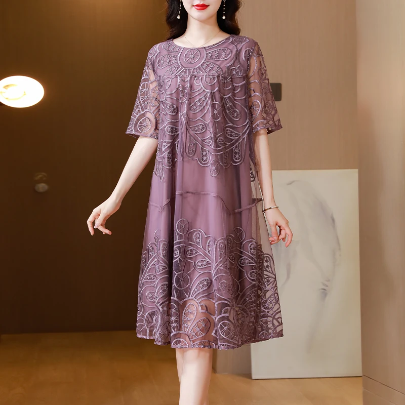 

2023 Women's Purple Silk Embroidery Summer Dress New Mesh Splice Dress Medium Length Mom's Lace Loose Large Slim Robe