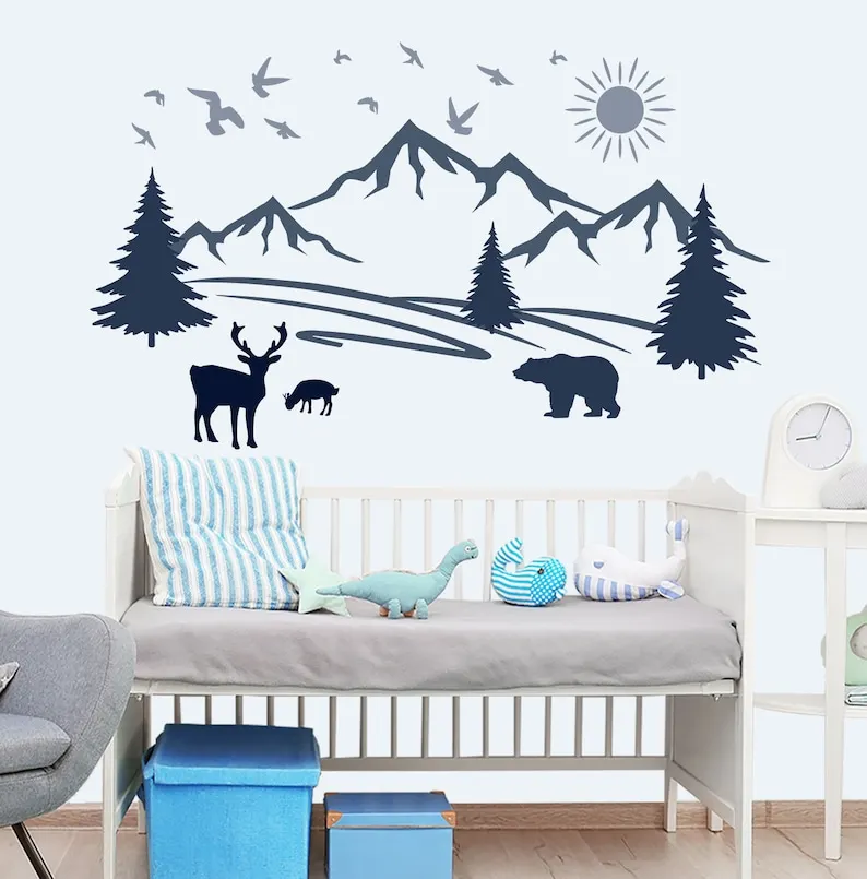 Mountain Wall Decal Baby Boy Nursery. Vinyl Sticker Mountains Wild Animals Wall Art Kid Bedroom. Forest Baby Room Decor. Deer an