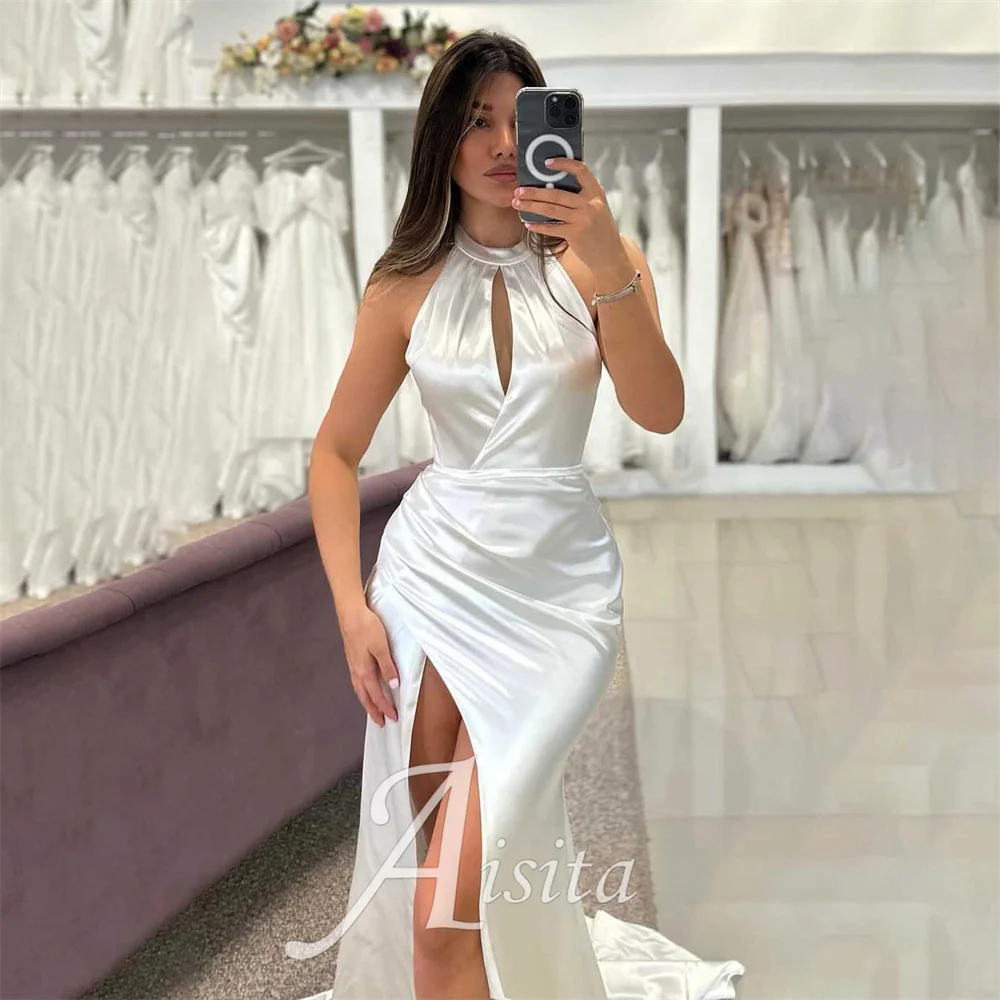 Customized Mermaid Bride Dress Fitted High Neck Stain Beach with Slit Wedding Dresses For Woman Wedding Dress Vestidos De Novia