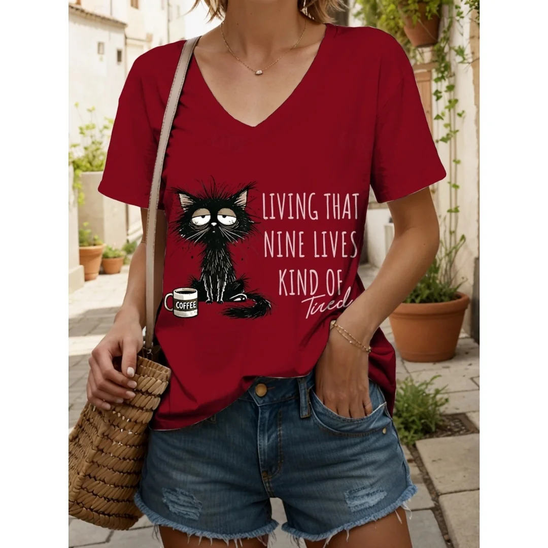 

Fashion Women Funny T-Shirt Funny Cat and Coffee Graphics 3D Print Sarcastic Tees Casual V-Neck Hippie T-Shirts Woman Clothing