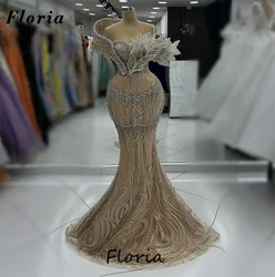 Vestidos Elegantes de celebridades Chanpagne para mujer, vestidos de noche personalizados sin hombros con cuentas, vestido de fiesta de boda Aso Ebi Dubai, nuevo