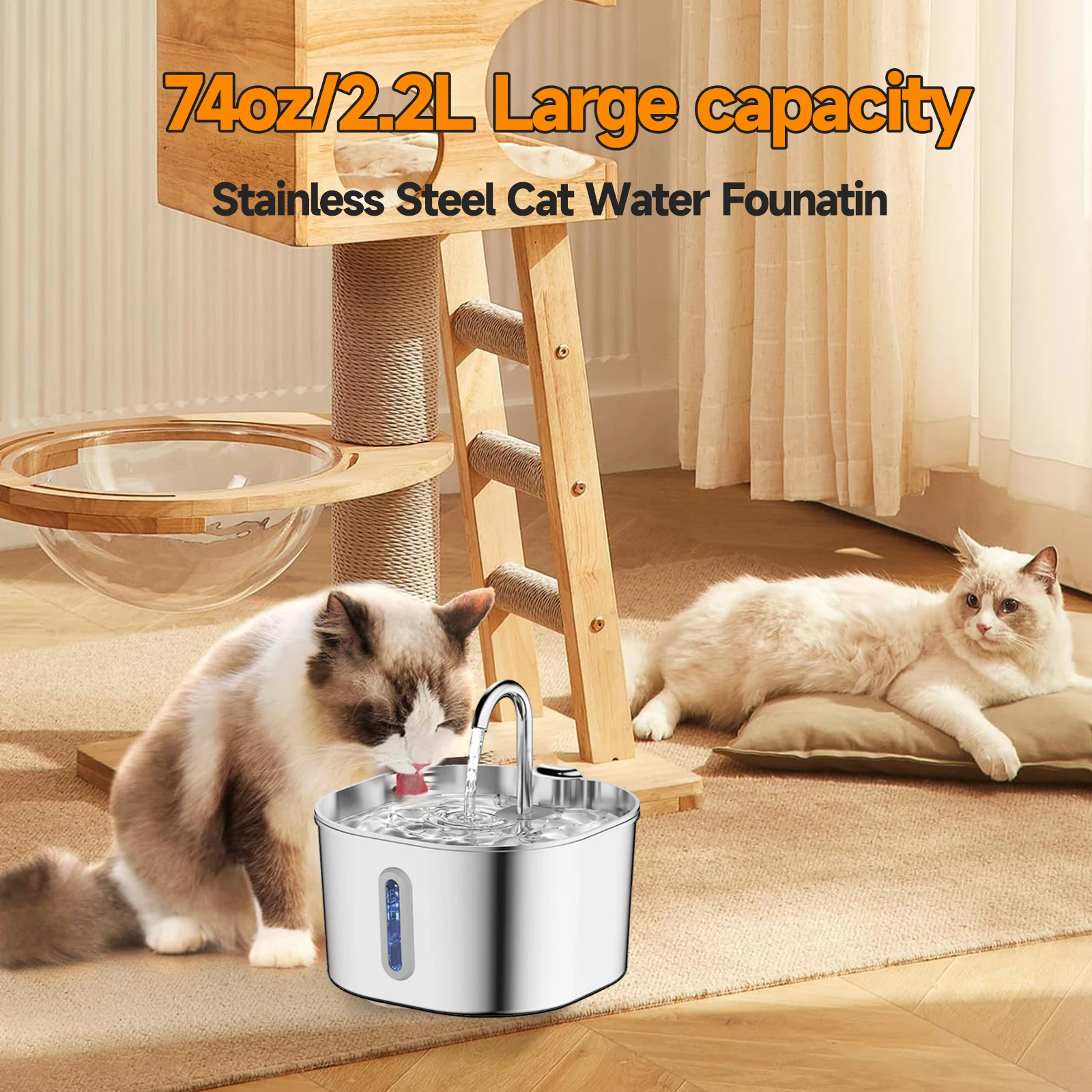 Stainless Steel Cat Water Fountain 2.2l Ultra-Quiet Pet Water Fountain with Filter Visual Window Water Level Led Light