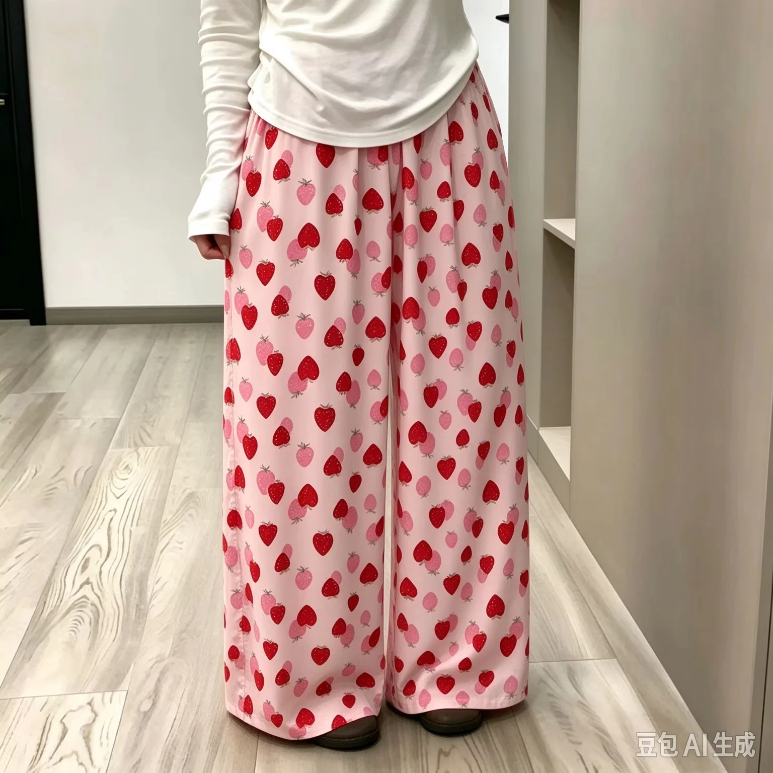 Sweet Casual Women Autumn Sleep Pants Strawberry Print Ruffled Hem Elastic Waist Wide‑Leg Home Loungewear for Ladies Indoor Rest