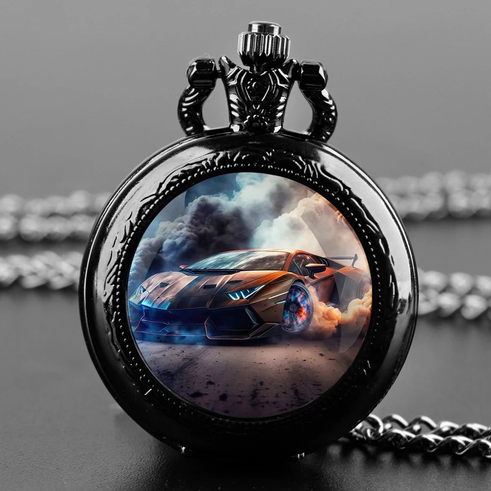 Cool Car Design Necklace Quartz Pocket Watch Arabic Numerals Men's Souvenir Gift Collection Powerful Jewelry Gift