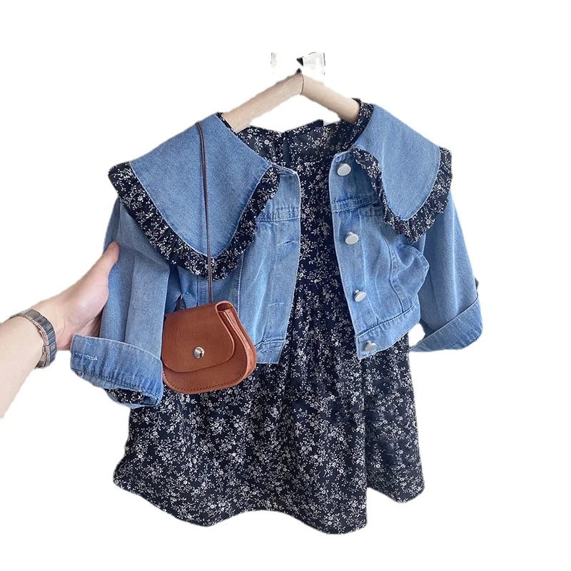 2Pcs Dress for Girl Denim Jacket Coat Tops & Floral Dress Autumn Spring Fashion Princess Dress 2022 Fall Girls Clothing Sets 3-7