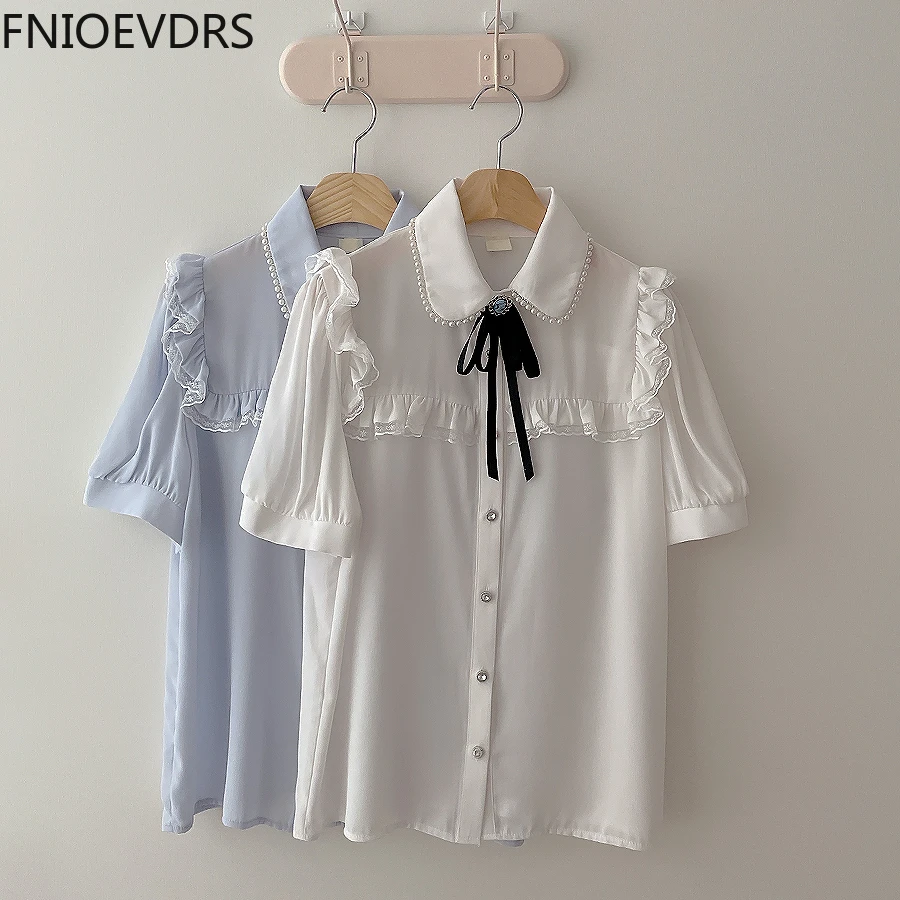 2022 Woman Cute Sweet Girls Japan Korea Ribbon Bow Tie Retro Vintalge Top Blusas Light Blue Ruffles Lace White Button Shirts