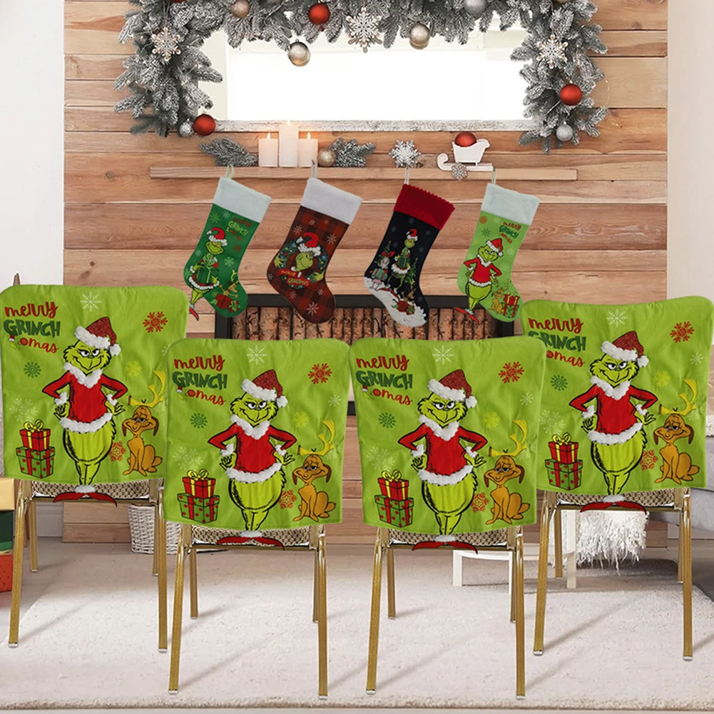 

4pcs Christmas Chair Covers Decor Green Monsters Chair Cover Festival Theme Dining Chair Cover Cute Slipcover For Christmas