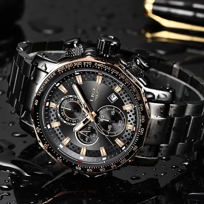 LIGE New Sport Chronograph Mens Watches Top Brand Luxury Full Steel Quartz Clock Waterproof Big Dial Watch Men Montre Homme