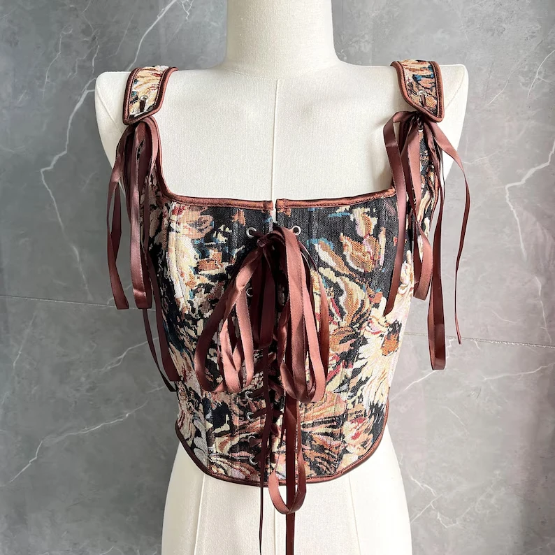 

Brown indigo braided corset, vintage women's corset, French jacquard adjusted court princess crop top, herringbone vest corset