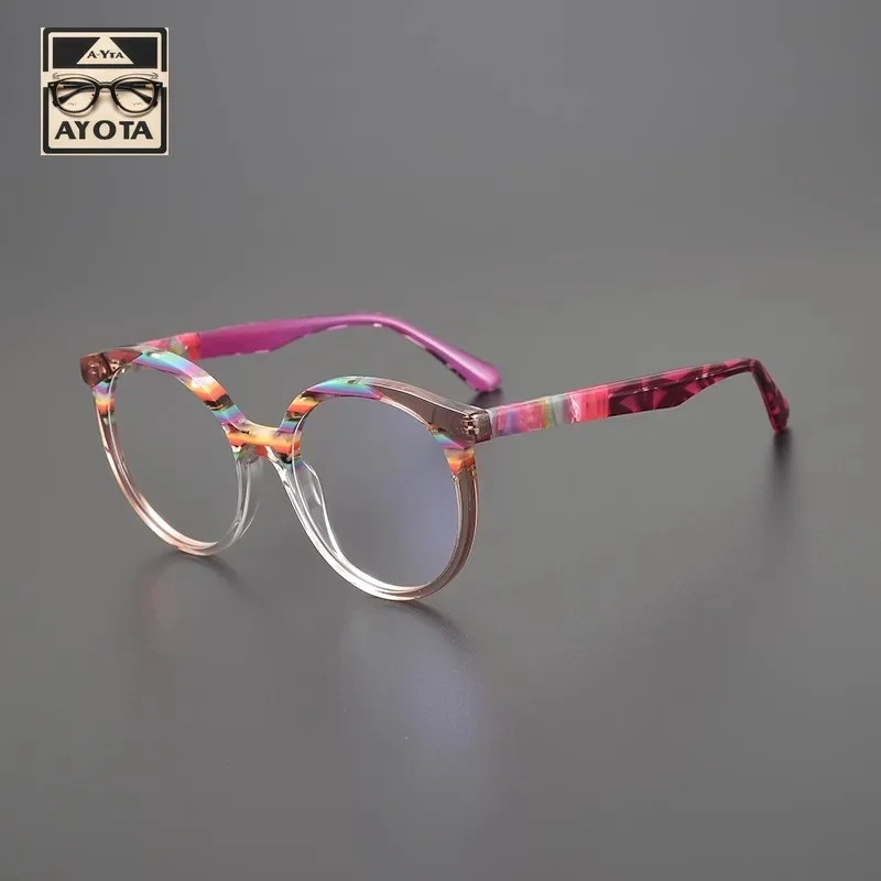 Handmade Acetate Fashion Round Frame Women's Ultra-light Comfortable Color Matching Men Myopia Anti-blue Discoloration Glasses