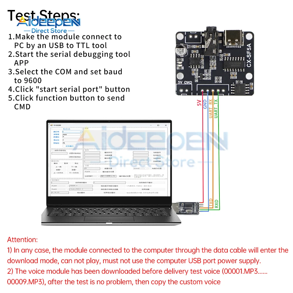 DC 3.3-5.2V SF5A UART Modulo MP3 Riproduzione vocale controllata MCU con audio personalizzato 5W Amplificatore di potenza in classe D Interfaccia di tipo C