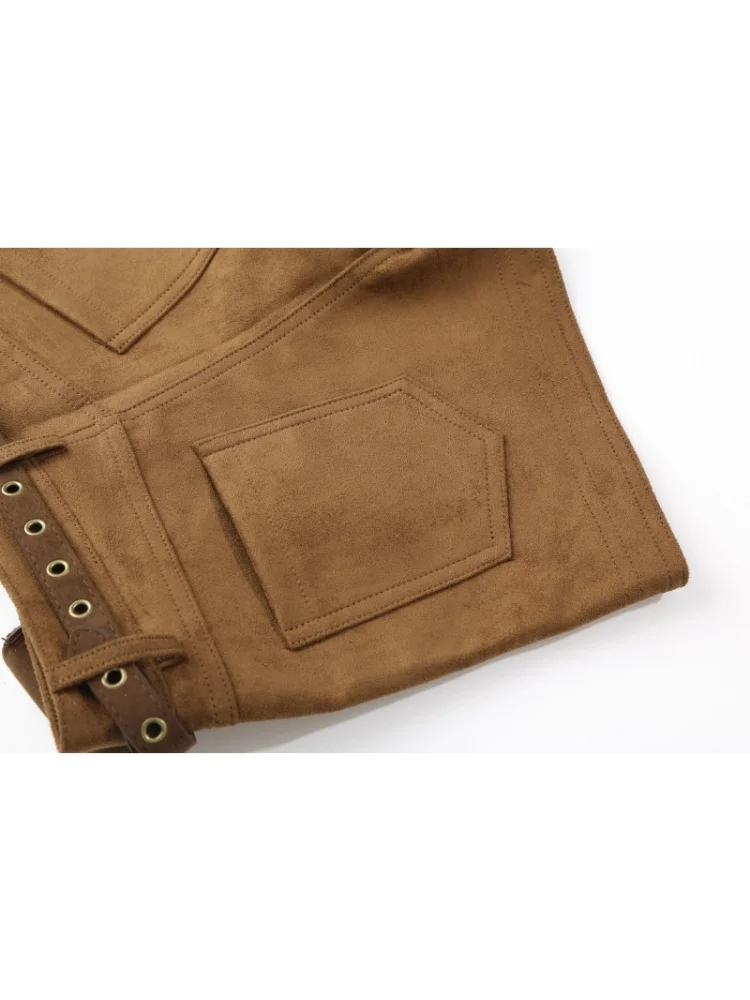 Celana Kulit Wanita Model A-Line High Waist Warna Cokelat Bahan Suede untuk Musim Gugur dan Musim Dingin, Cocok untuk Aktivitas Luar Ruangan