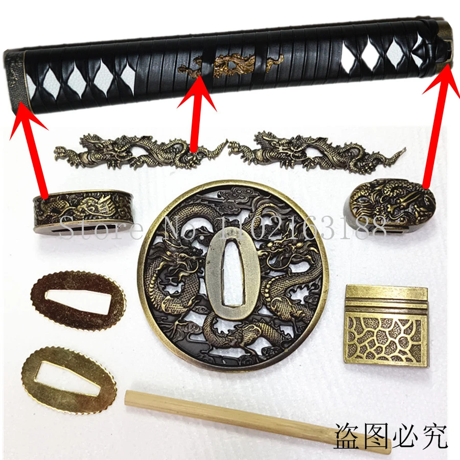 A Set Japanese Samurai Sword Katana/Wakizashi/Tanto Guard Fittings Dragon Tsuba+Menuki+Fuchi+Kashira+Handle+Habaki+Seppa