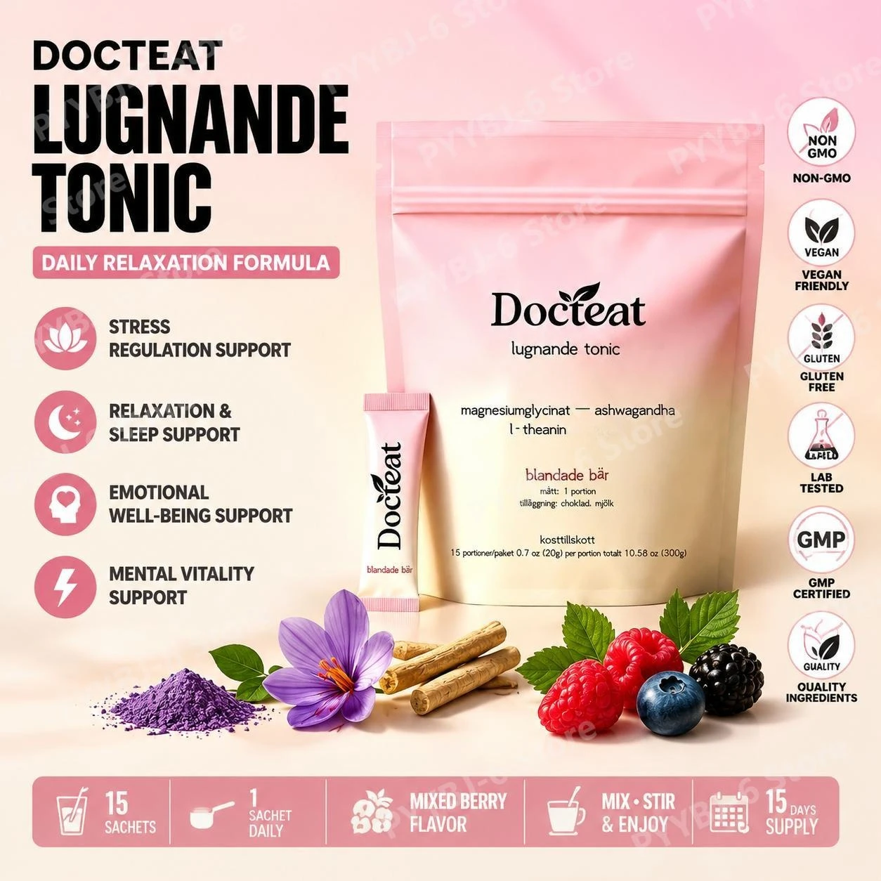 Docteat Magnesium Glycinate Powder with L-Theanine Ashwagandha for Stress Regulation and Relax Sleep Support 15 Packets