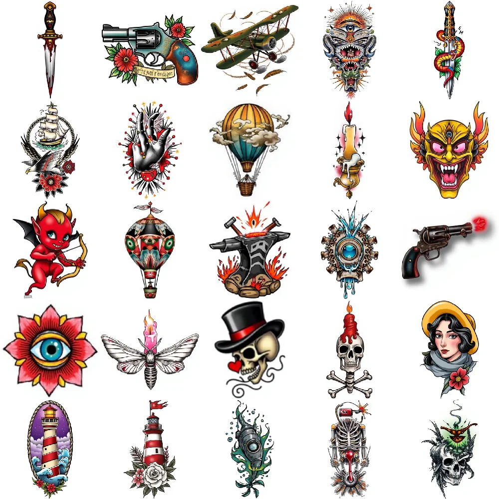 

28pcs Temporary Tattoo New School Traditional Revolver With Flowers Skeleton With Flowers Pirate Skull For Adults Women Chest